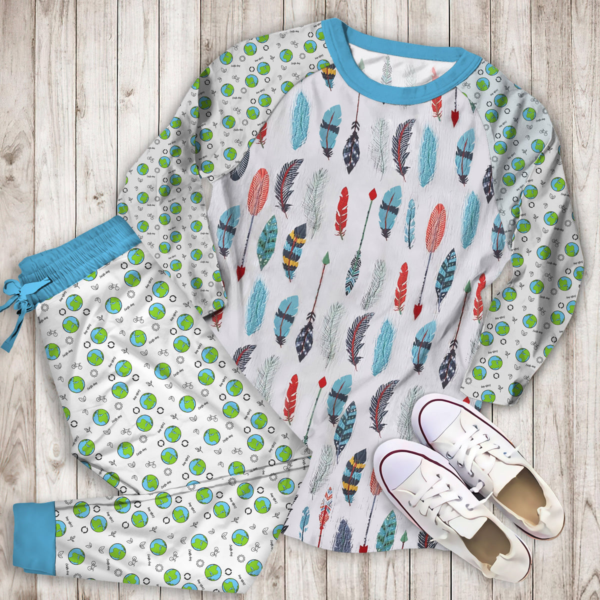 White Blue Earth Bright Pajama Set | Pajamas | Cotton Sleepwear Sets | Soft Long Sleeve Pjs | Raglan Shirt and Pants Set
