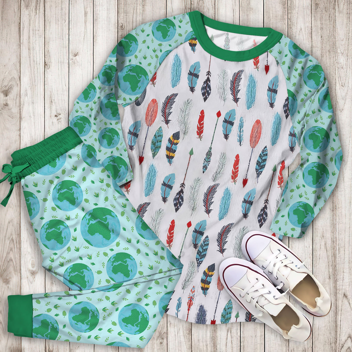 White Blue Earth Bright Pajama Set | Pajamas | Cotton Sleepwear Sets | Soft Long Sleeve Pjs | Raglan Shirt and Pants Set