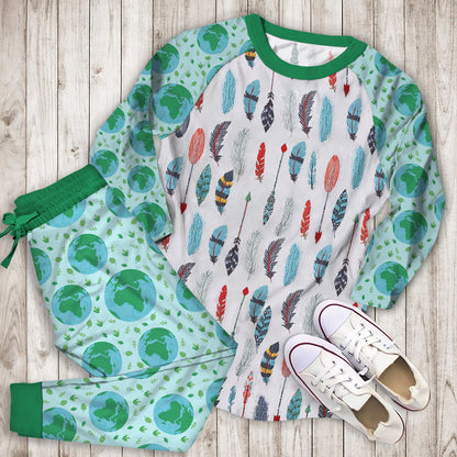 White Blue Earth Bright Pajama Set | Pajamas | Cotton Sleepwear Sets | Soft Long Sleeve Pjs | Raglan Shirt and Pants Set