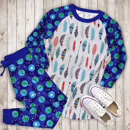 White Blue Earth Bright Pajama Set | Pajamas | Cotton Sleepwear Sets | Soft Long Sleeve Pjs | Raglan Shirt and Pants Set