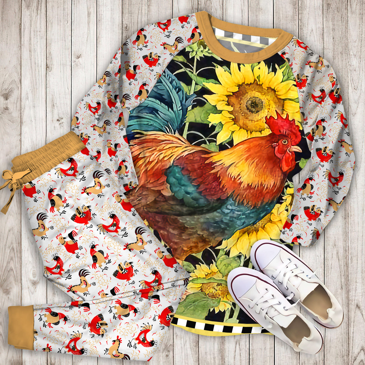 Rustic Rooster Pajama Set | Pajamas | Cotton Sleepwear Sets | Soft Long Sleeve Pjs | Raglan Shirt and Pants Set