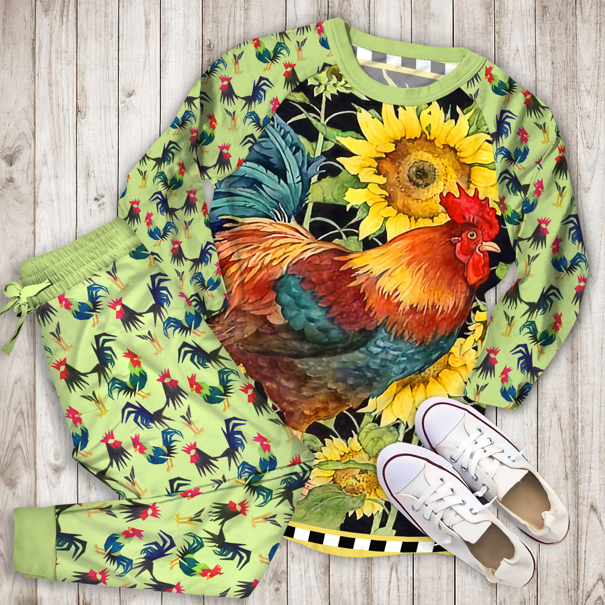 Rustic Rooster Pajama Set | Pajamas | Cotton Sleepwear Sets | Soft Long Sleeve Pjs | Raglan Shirt and Pants Set