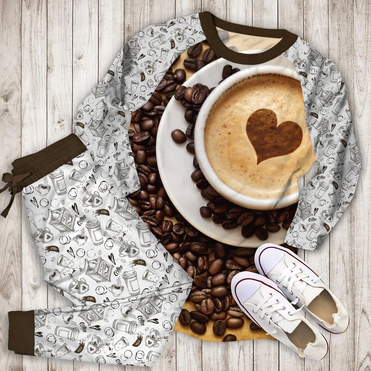 Coffee Pajama Set | Pajamas | Cotton Sleepwear Sets | Soft Long Sleeve Pjs | Raglan Shirt and Pants Set