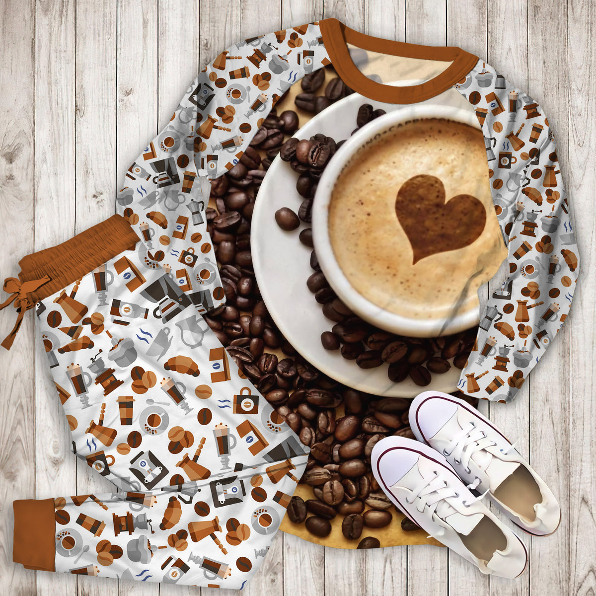 Coffee Pajama Set | Pajamas | Cotton Sleepwear Sets | Soft Long Sleeve Pjs | Raglan Shirt and Pants Set