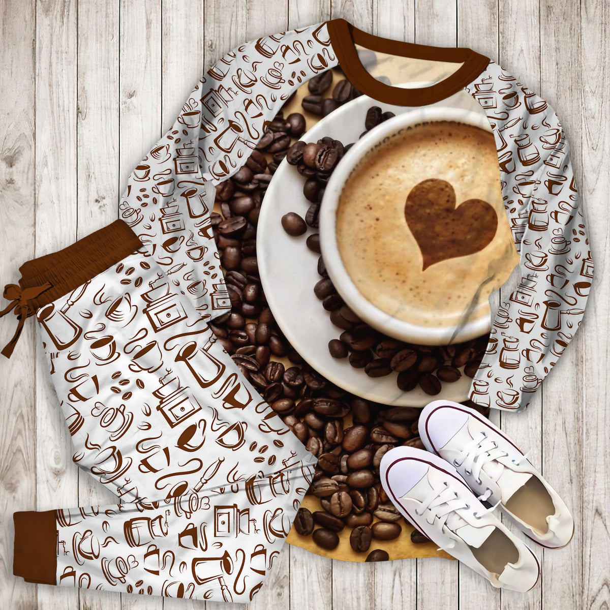 Coffee Pajama Set | Pajamas | Cotton Sleepwear Sets | Soft Long Sleeve Pjs | Raglan Shirt and Pants Set