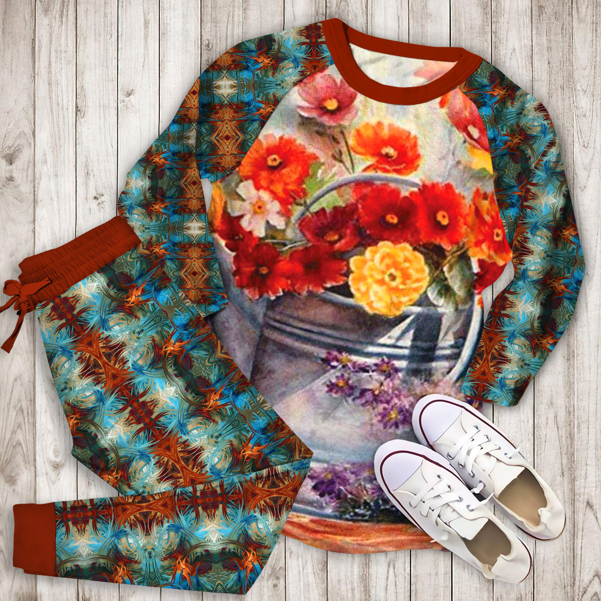 Abstract Flowers Pajama Set | Pajamas | Cotton Sleepwear Sets | Soft Long Sleeve Pjs | Raglan Shirt and Pants Set