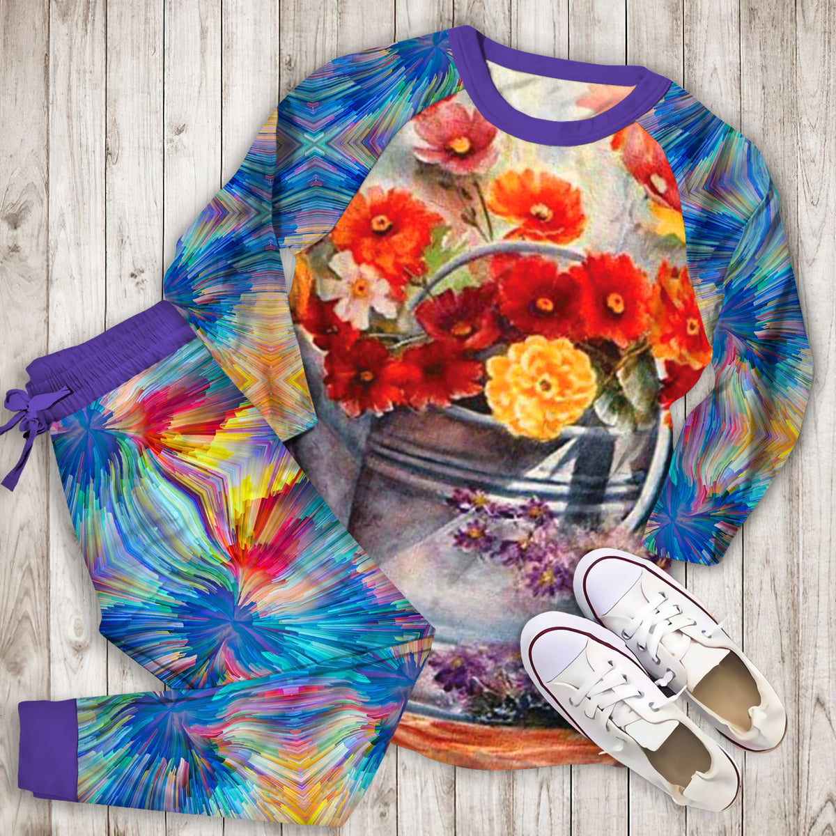 Abstract Flowers Pajama Set | Pajamas | Cotton Sleepwear Sets | Soft Long Sleeve Pjs | Raglan Shirt and Pants Set