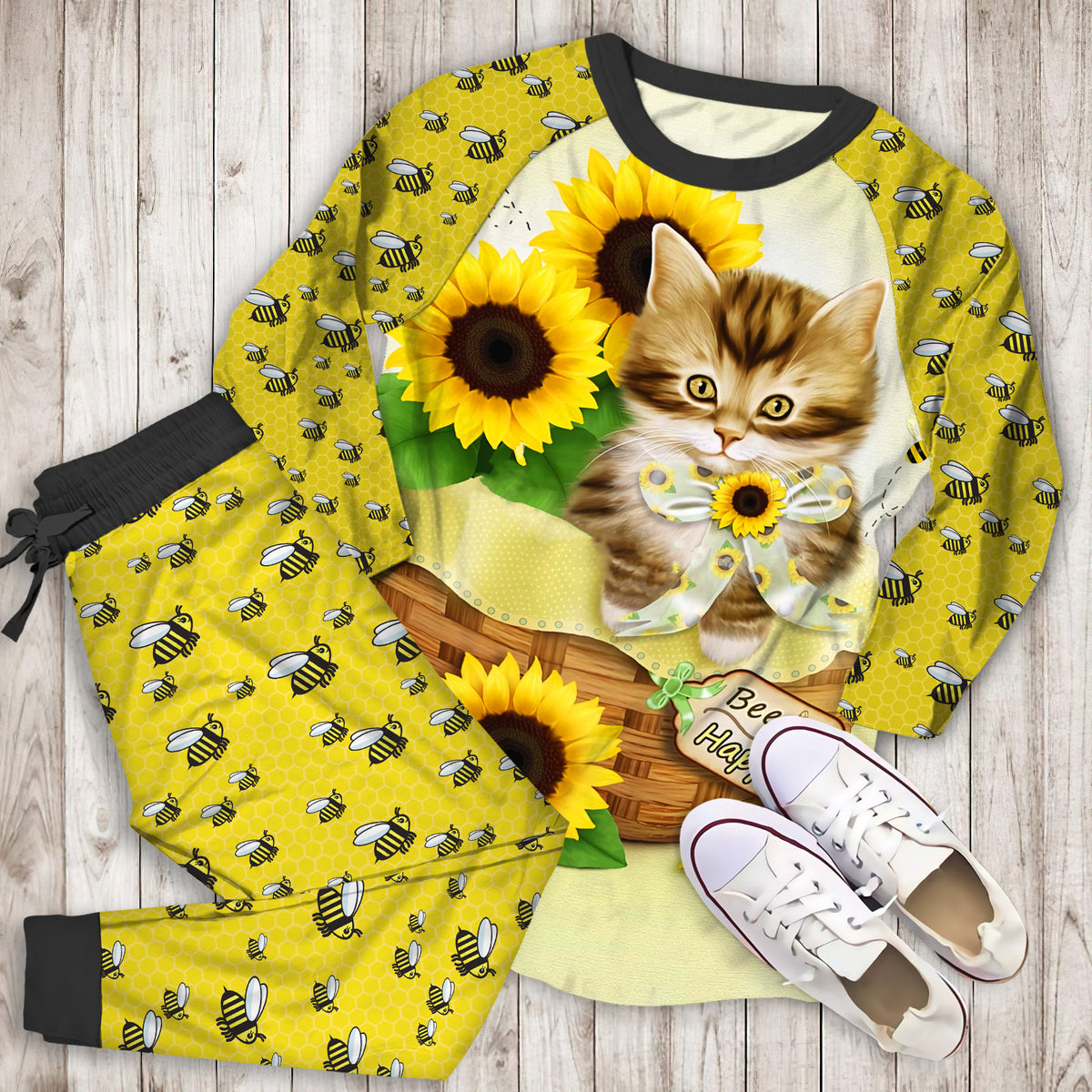 Bee And Cat Pajama Set |Sleepwear Pjs Sets | Raglan Shirt Pants Set