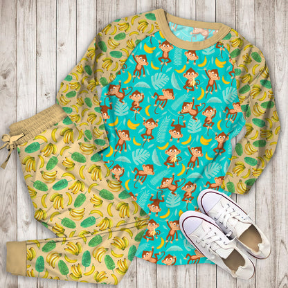 Banana Monkey Pajama Set | Pajamas | Cotton Sleepwear Sets | Soft Long Sleeve Pjs | Raglan Shirt and Pants Set