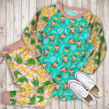Banana Monkey Pajama Set | Pajamas | Cotton Sleepwear Sets | Soft Long Sleeve Pjs | Raglan Shirt and Pants Set
