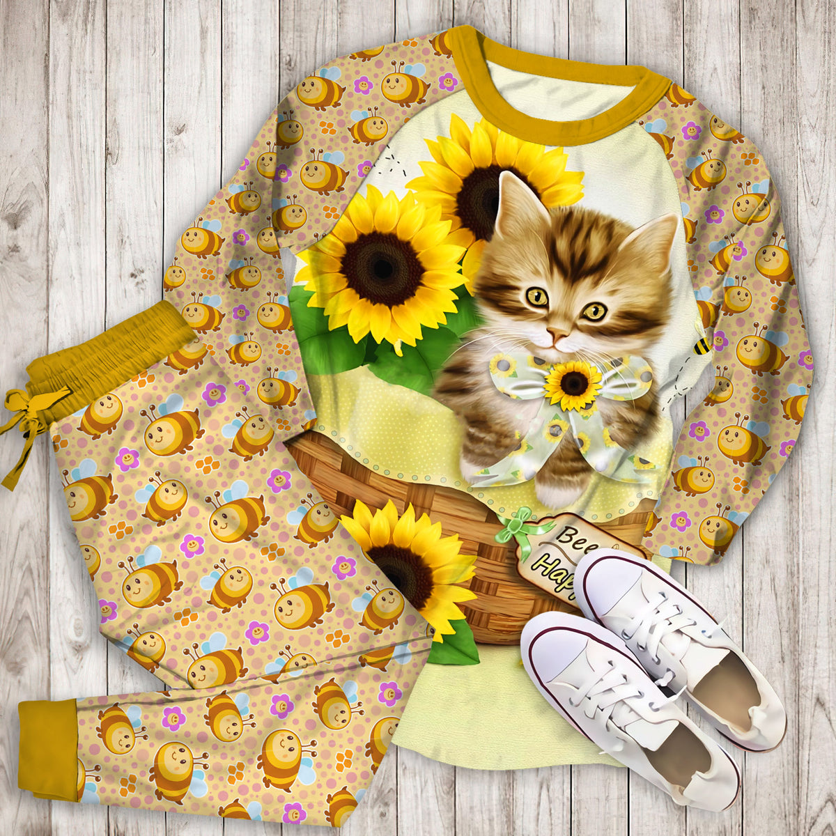 Bee And Cat Pajama Set |Sleepwear Pjs Sets | Raglan Shirt Pants Set