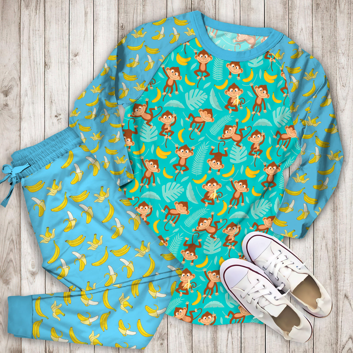 Banana Monkey Pajama Set | Pajamas | Cotton Sleepwear Sets | Soft Long Sleeve Pjs | Raglan Shirt and Pants Set