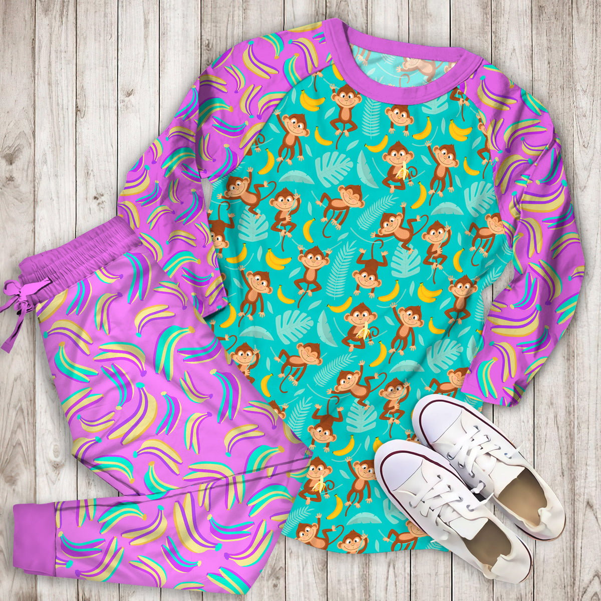 Banana Monkey Pajama Set | Pajamas | Cotton Sleepwear Sets | Soft Long Sleeve Pjs | Raglan Shirt and Pants Set