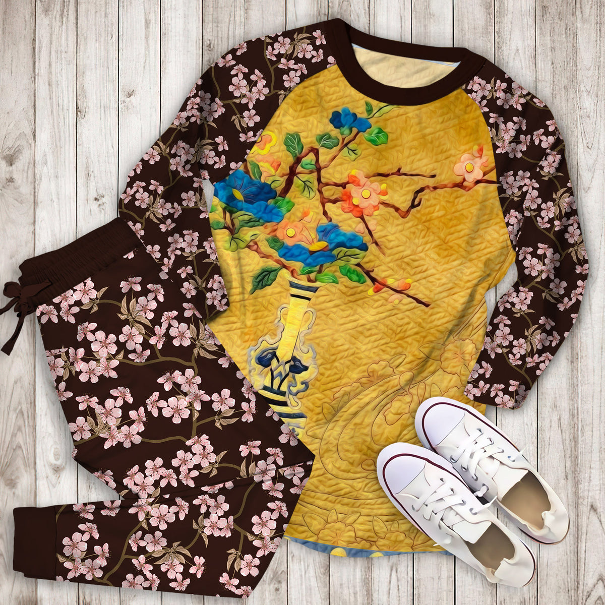 Cherry Blossom Pajama Set | Pajamas | Cotton Sleepwear Sets | Soft Long Sleeve Pjs | Raglan Shirt and Pants Set