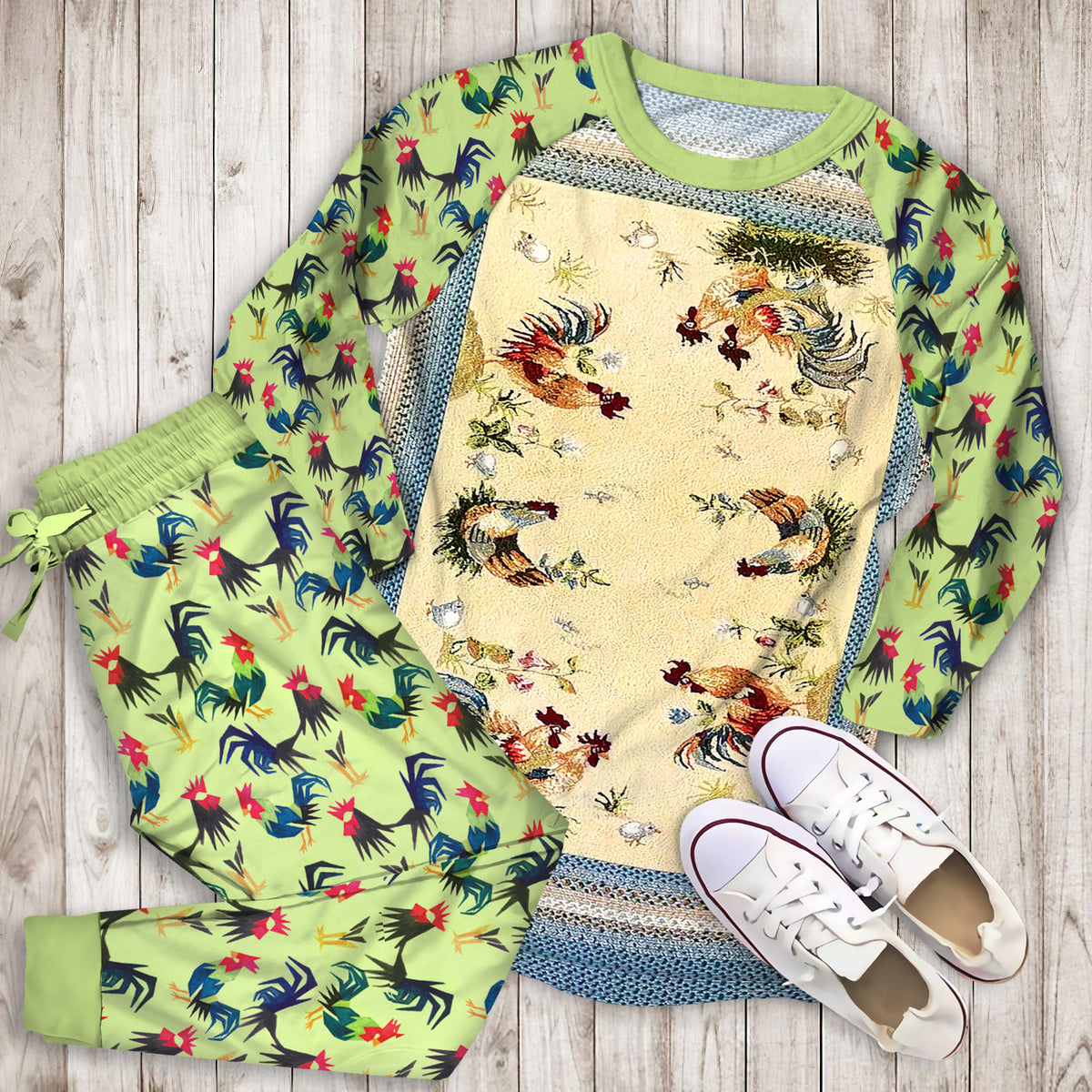 Rooster Pajama Set | Pajamas | Cotton Sleepwear Sets | Soft Long Sleeve Pjs | Raglan Shirt and Pants Set