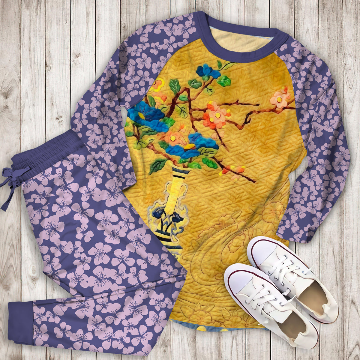 Cherry Blossom Pajama Set | Pajamas | Cotton Sleepwear Sets | Soft Long Sleeve Pjs | Raglan Shirt and Pants Set