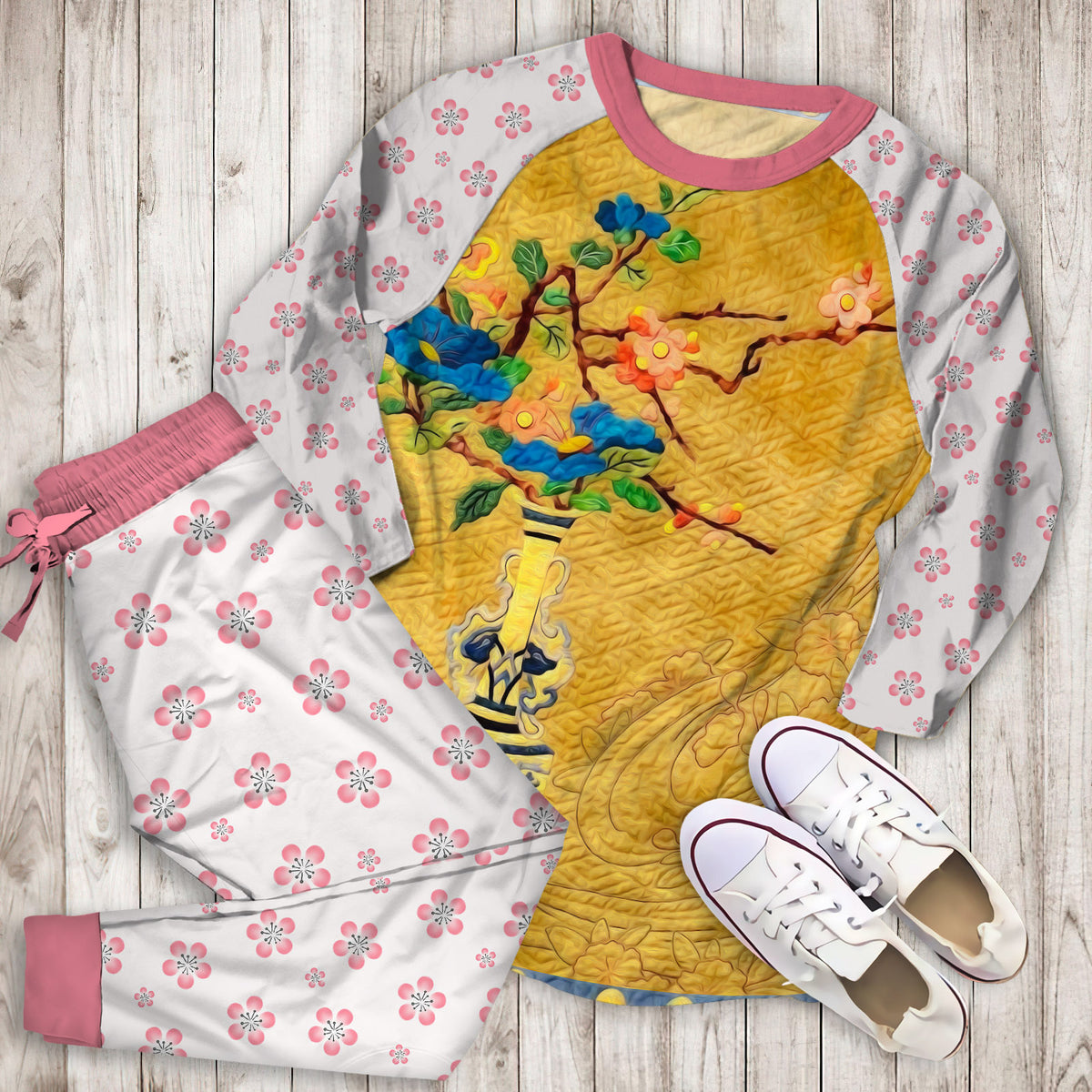 Cherry Blossom Pajama Set | Pajamas | Cotton Sleepwear Sets | Soft Long Sleeve Pjs | Raglan Shirt and Pants Set