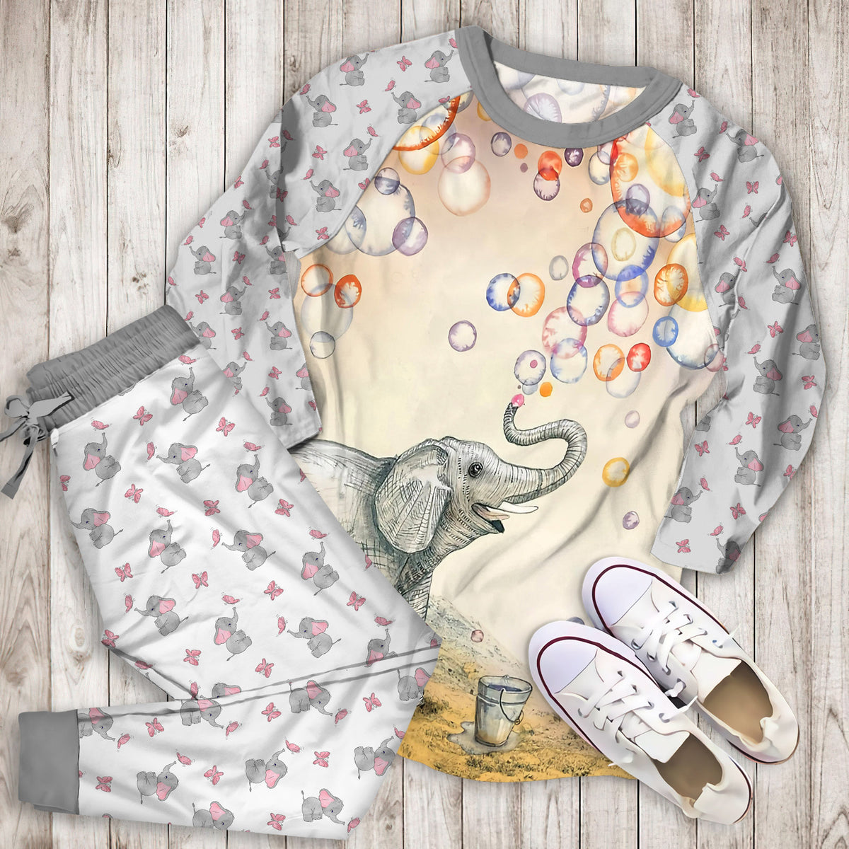 Elephant Pajama Set | Pajamas | Cotton Sleepwear Sets | Soft Long Sleeve Pjs | Raglan Shirt and Pants Set