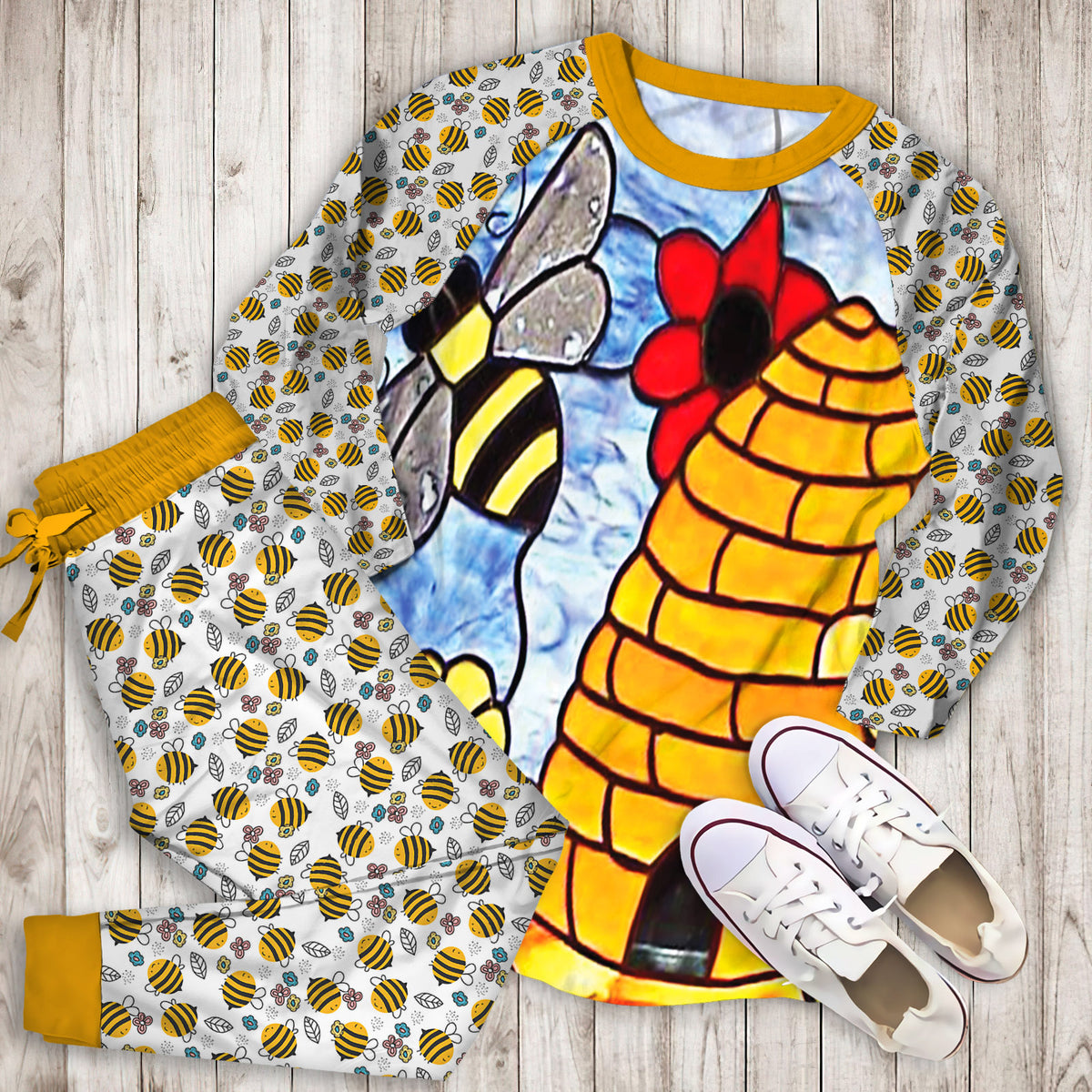 Bee Glass Art Pajama Set | Pajamas | Cotton Sleepwear Sets | Soft Long Sleeve Pjs | Raglan Shirt and Pants Set