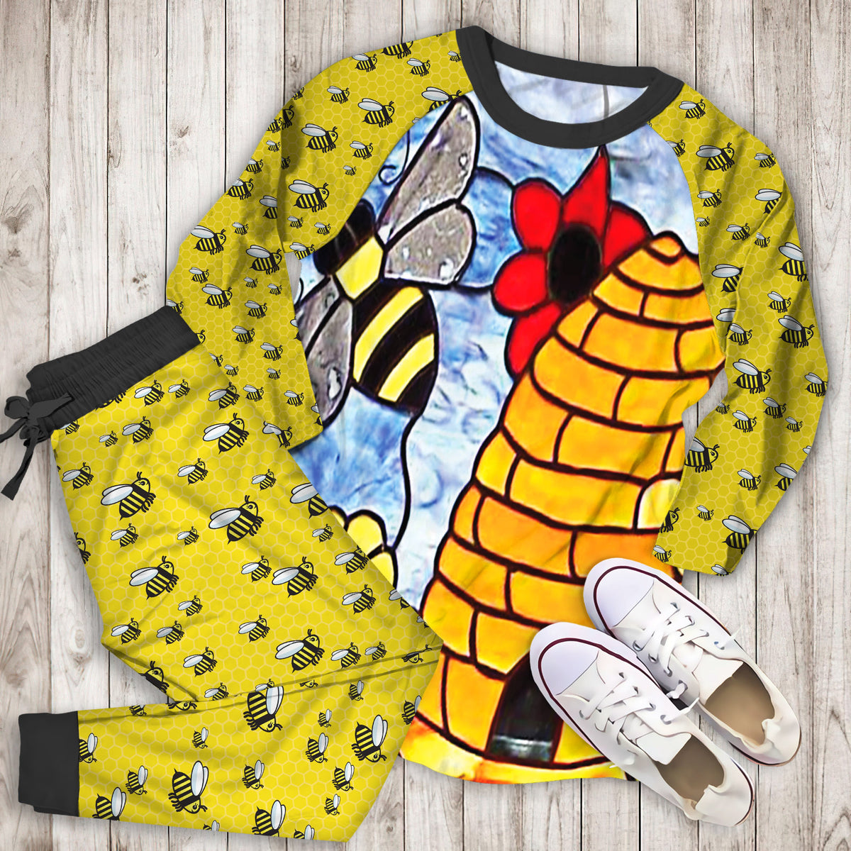 Bee Glass Art Pajama Set | Pajamas | Cotton Sleepwear Sets | Soft Long Sleeve Pjs | Raglan Shirt and Pants Set