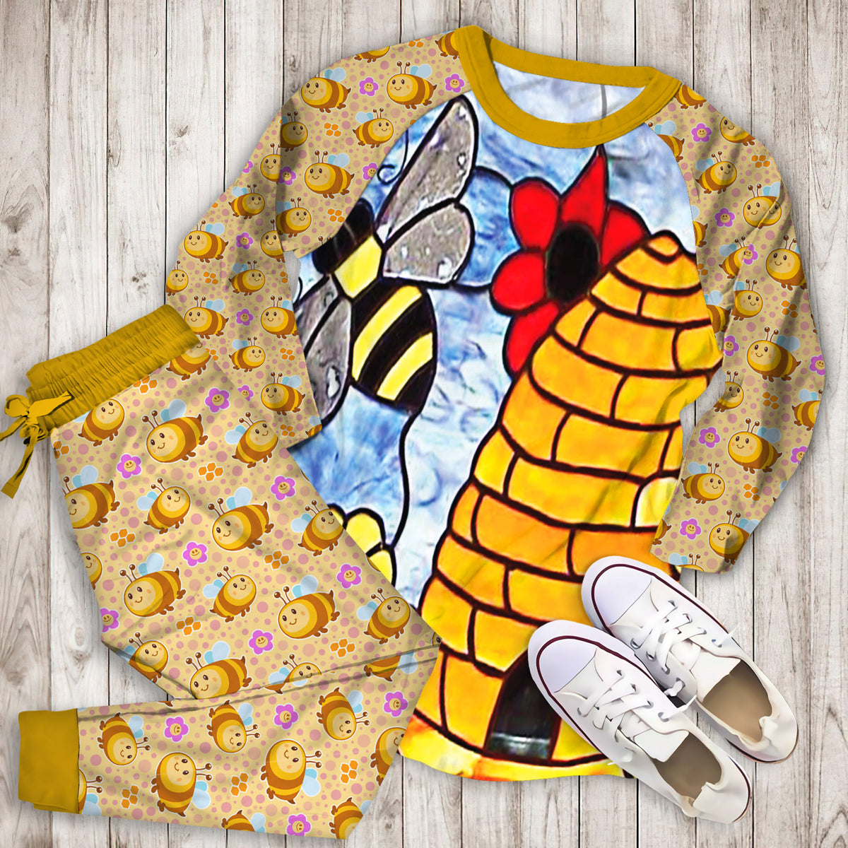 Bee Glass Art Pajama Set | Pajamas | Cotton Sleepwear Sets | Soft Long Sleeve Pjs | Raglan Shirt and Pants Set