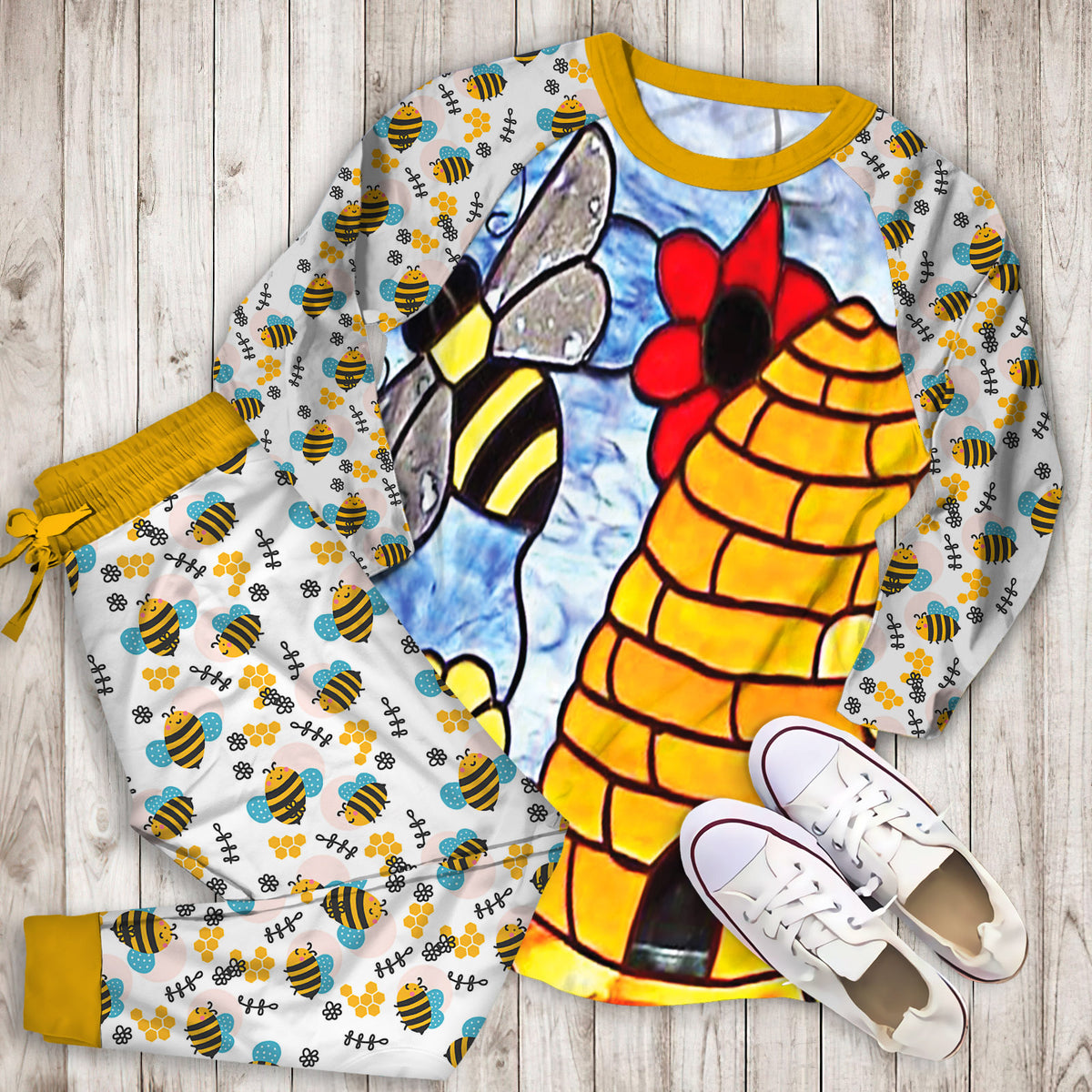 Bee Glass Art Pajama Set | Pajamas | Cotton Sleepwear Sets | Soft Long Sleeve Pjs | Raglan Shirt and Pants Set