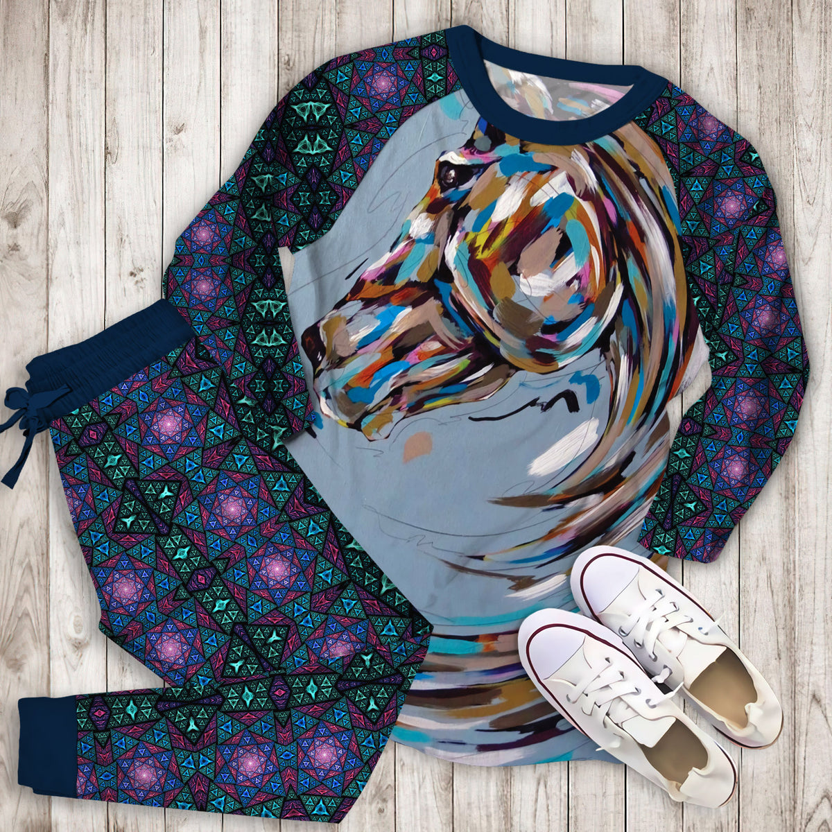 Art Of Horse Pajama Set |Sleepwear Pjs Sets | Raglan Shirt Pants Set