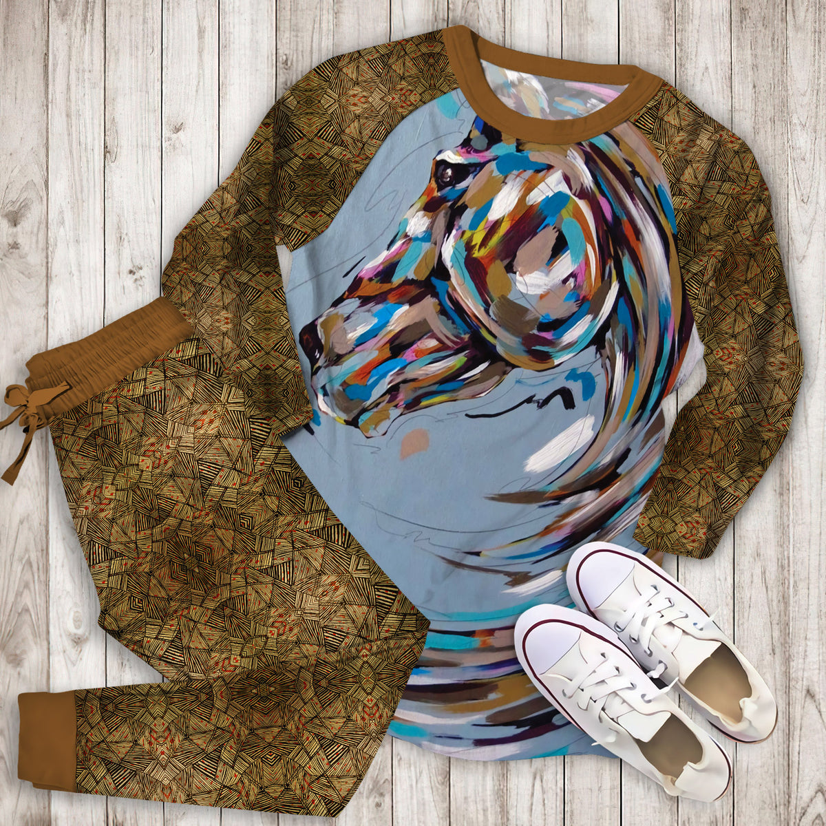Art Of Horse Pajama Set |Sleepwear Pjs Sets | Raglan Shirt Pants Set