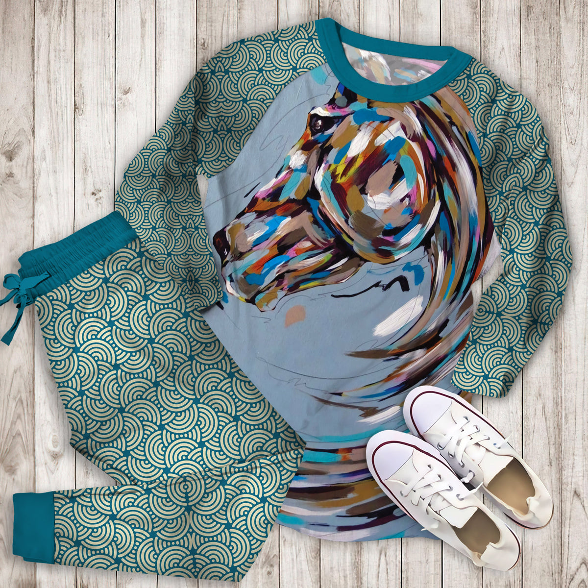 Art Of Horse Pajama Set |Sleepwear Pjs Sets | Raglan Shirt Pants Set
