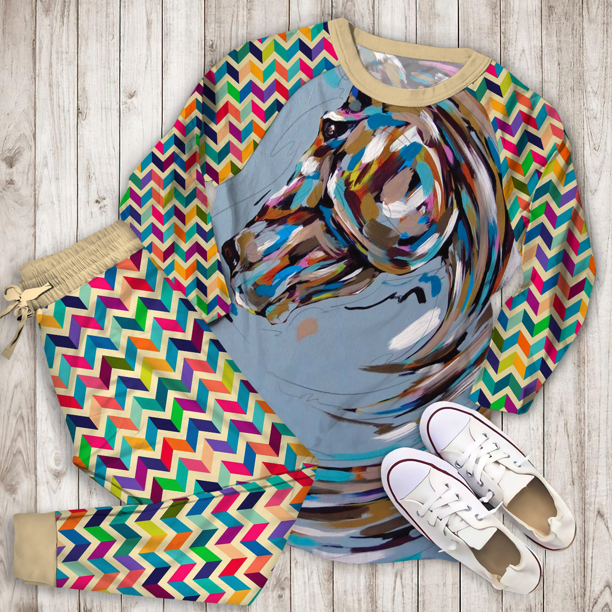 Art Of Horse Pajama Set |Sleepwear Pjs Sets | Raglan Shirt Pants Set