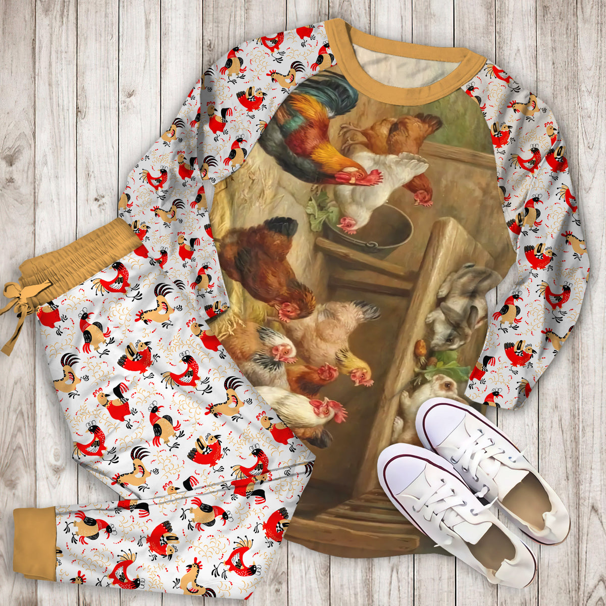 Rustic Rooster And Rabbit Pajama Set | Pajamas | Cotton Sleepwear Sets | Soft Long Sleeve Pjs | Raglan Shirt and Pants Set
