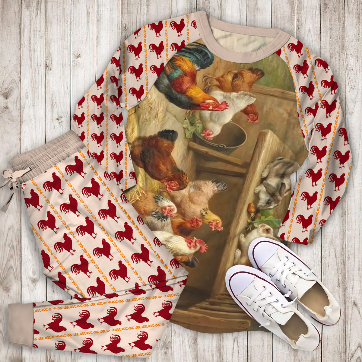 Rustic Rooster And Rabbit Pajama Set | Pajamas | Cotton Sleepwear Sets | Soft Long Sleeve Pjs | Raglan Shirt and Pants Set
