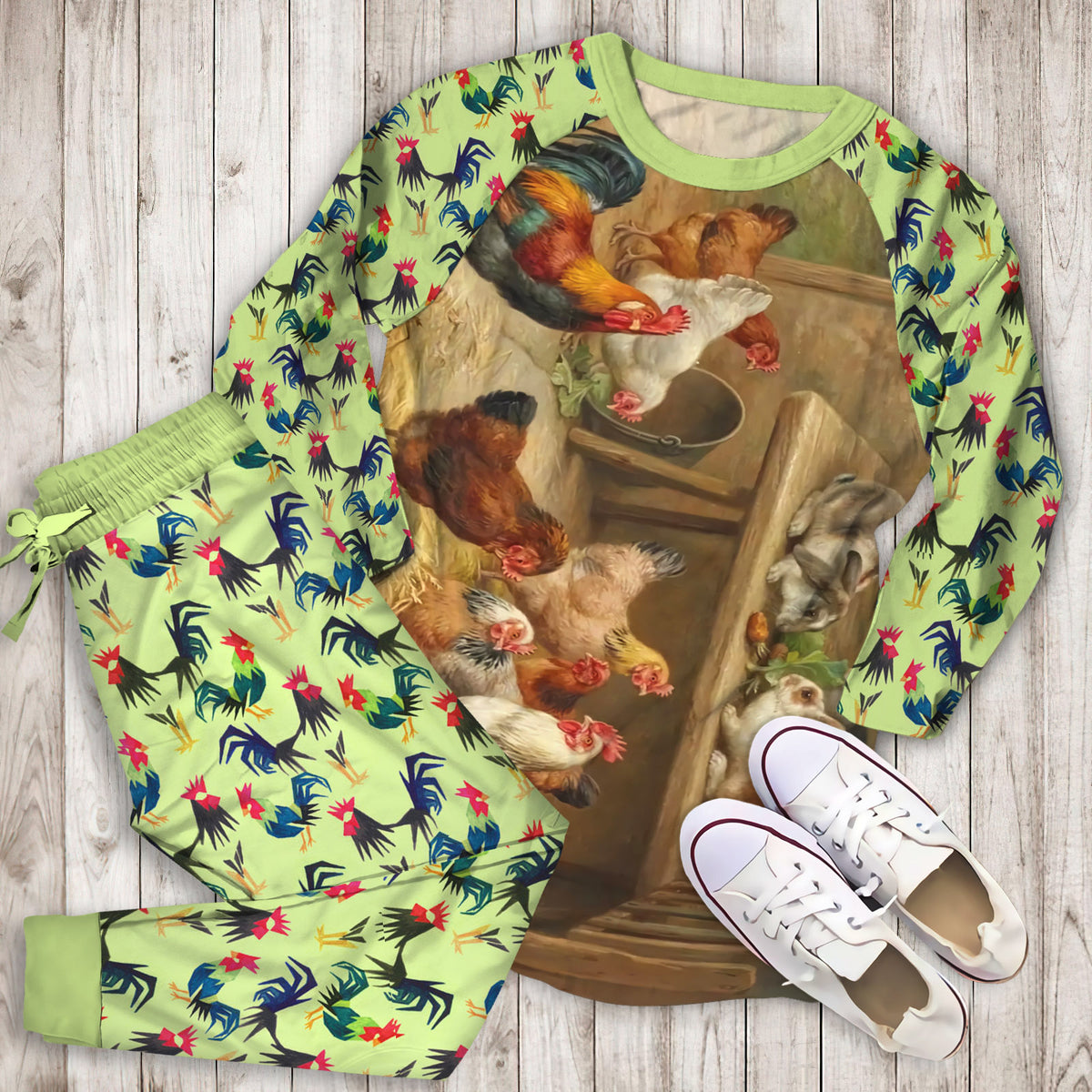 Rustic Rooster And Rabbit Pajama Set | Pajamas | Cotton Sleepwear Sets | Soft Long Sleeve Pjs | Raglan Shirt and Pants Set