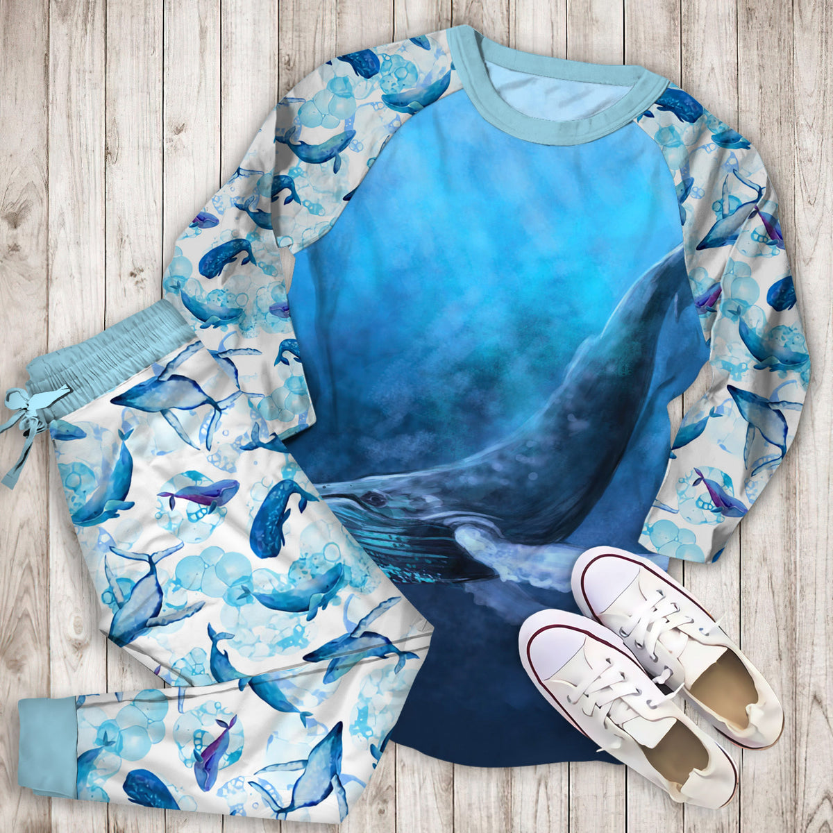 Whale Pajama Set |Sleepwear Pjs Sets | Raglan Shirt Pants Set