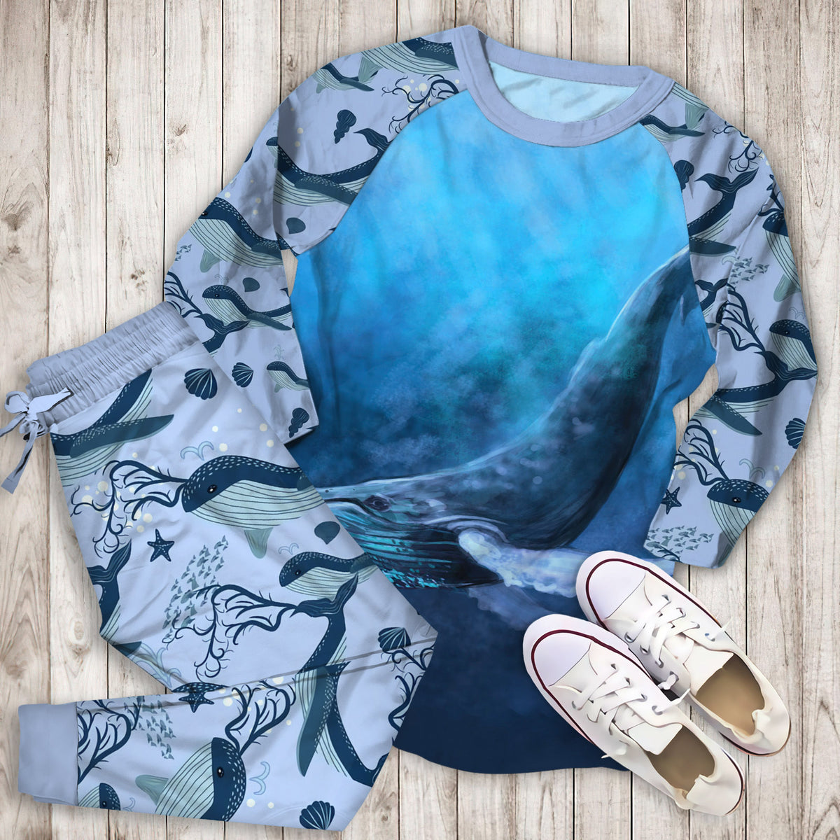 Whale Pajama Set |Sleepwear Pjs Sets | Raglan Shirt Pants Set