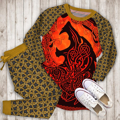 Celtic Viking Wolf Pajama Set |Sleepwear Pjs Sets | Raglan Shirt Pants Set