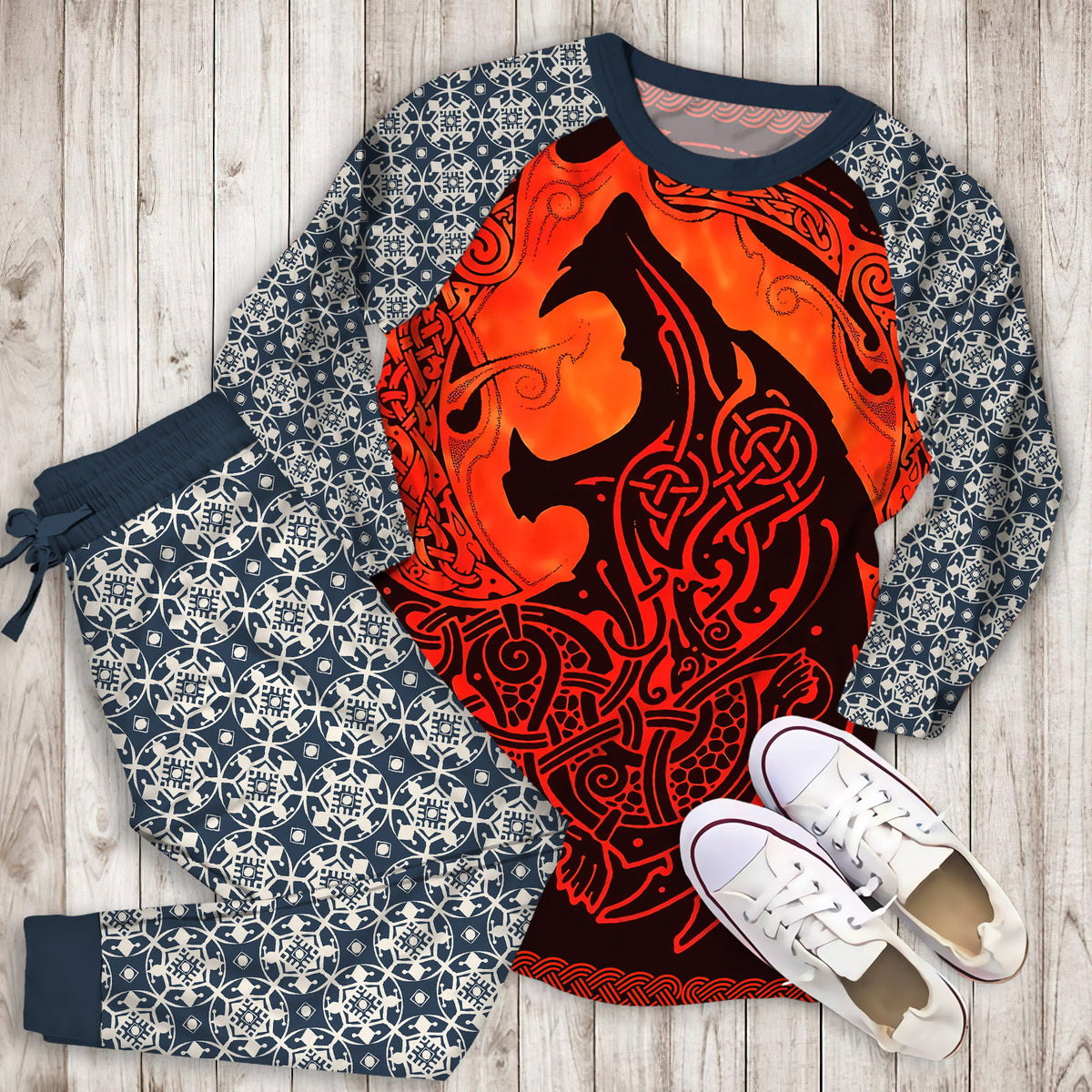 Celtic Viking Wolf Pajama Set |Sleepwear Pjs Sets | Raglan Shirt Pants Set
