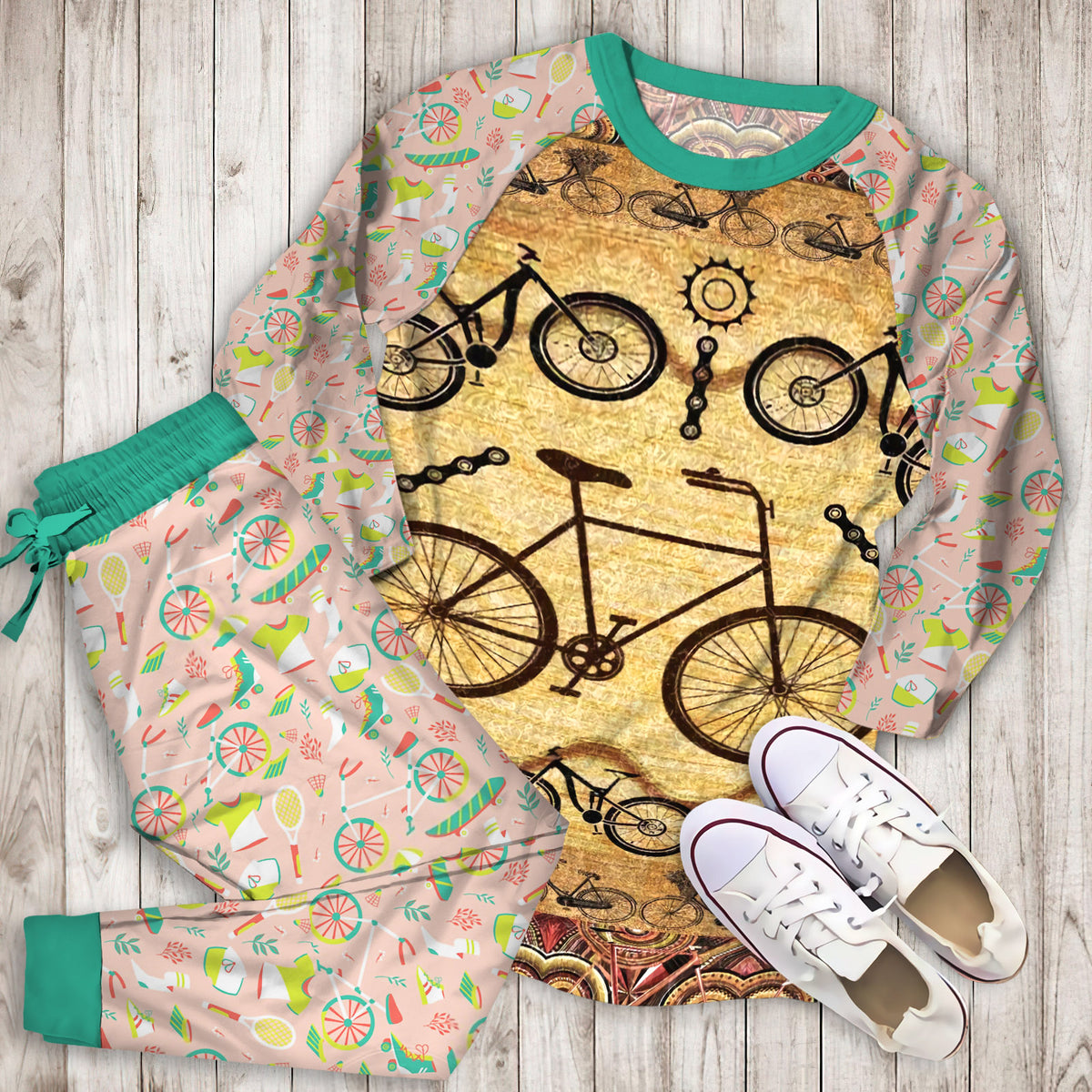 Bicycle Pajama Set | Pajamas | Cotton Sleepwear Sets | Soft Long Sleeve Pjs | Raglan Shirt and Pants Set