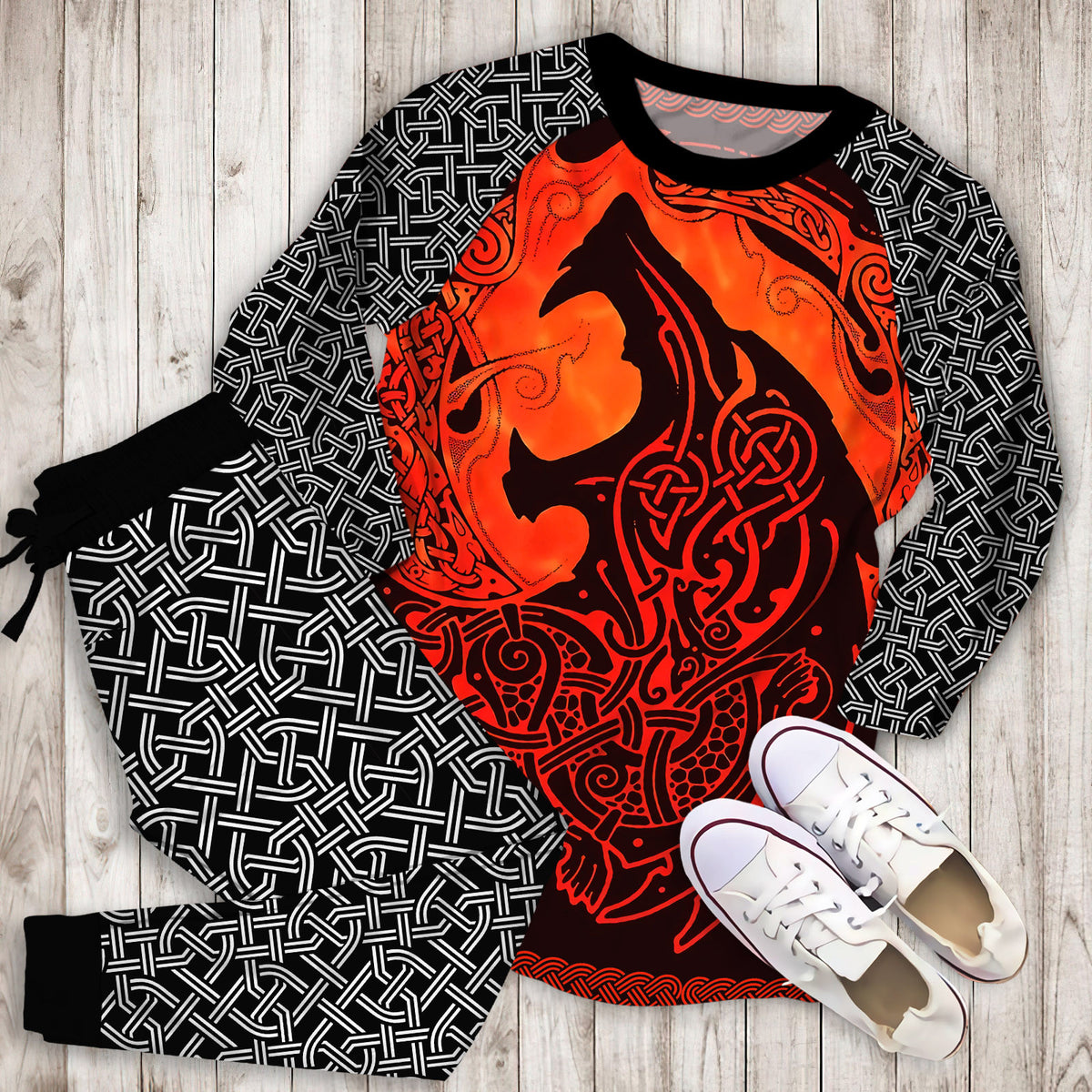 Celtic Viking Wolf Pajama Set |Sleepwear Pjs Sets | Raglan Shirt Pants Set