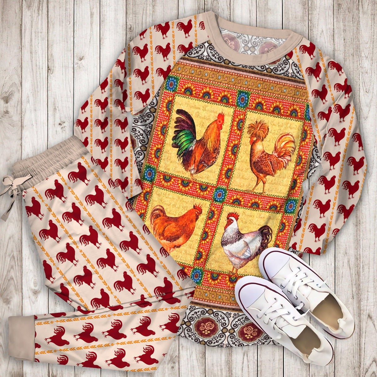 Rooster Pajama Set | Pajamas | Cotton Sleepwear Sets | Soft Long Sleeve Pjs | Raglan Shirt and Pants Set