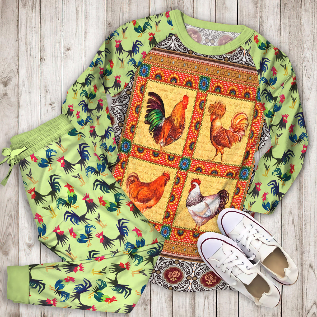 Rooster Pajama Set | Pajamas | Cotton Sleepwear Sets | Soft Long Sleeve Pjs | Raglan Shirt and Pants Set