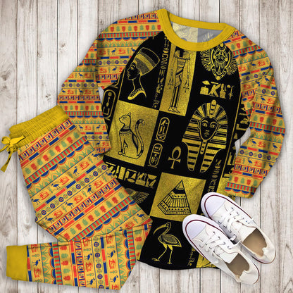 Egyptian Gold Hieroglyphs And Symbols Collage Pajama Set |Sleepwear Pjs Sets | Raglan Shirt Pants Set