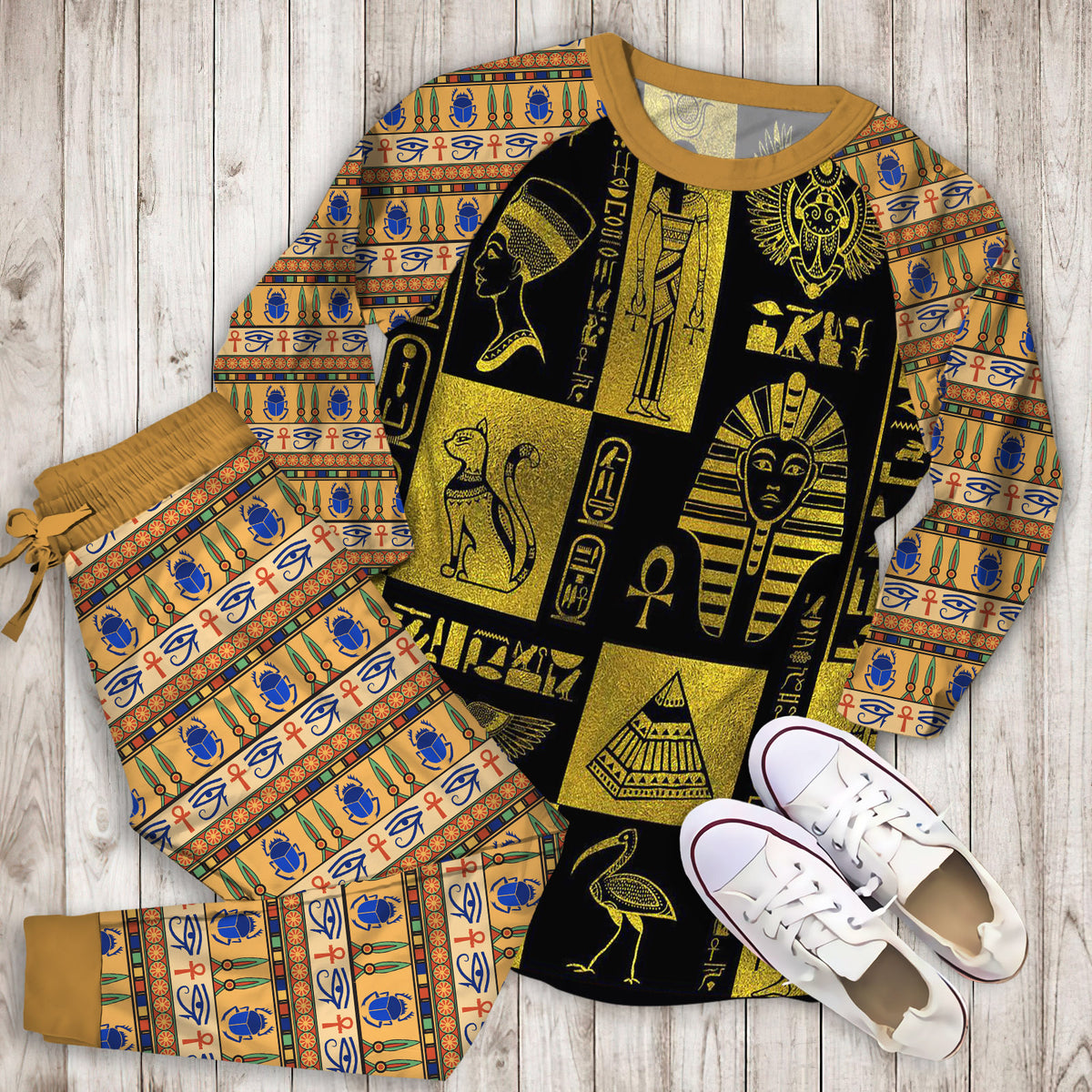 Egyptian Gold Hieroglyphs And Symbols Collage Pajama Set |Sleepwear Pjs Sets | Raglan Shirt Pants Set