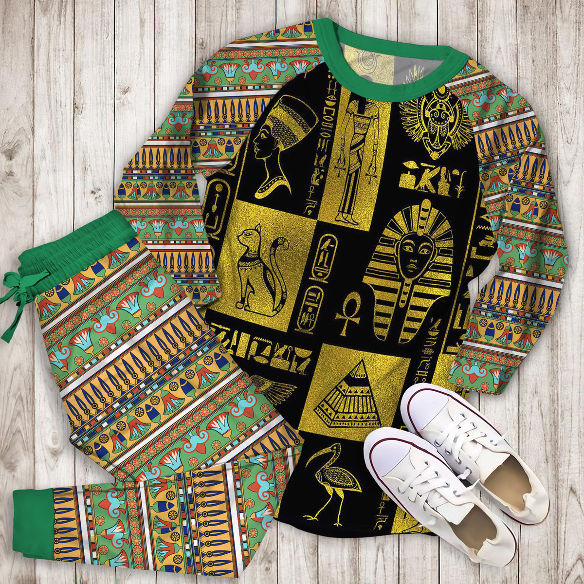 Egyptian Gold Hieroglyphs And Symbols Collage Pajama Set |Sleepwear Pjs Sets | Raglan Shirt Pants Set