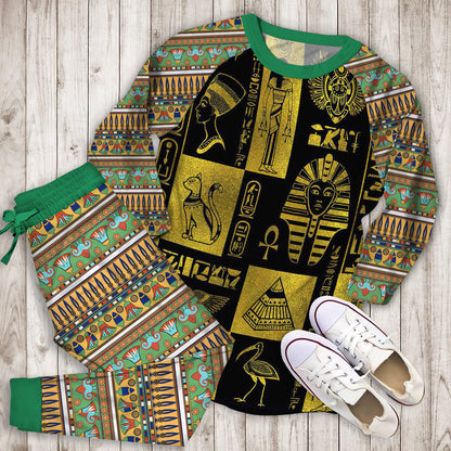 Egyptian Gold Hieroglyphs And Symbols Collage Pajama Set |Sleepwear Pjs Sets | Raglan Shirt Pants Set