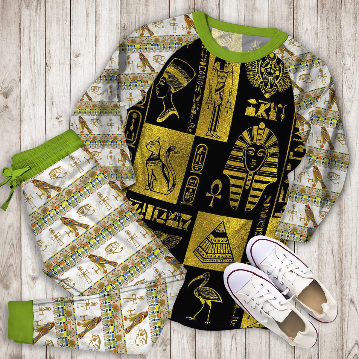 Egyptian Gold Hieroglyphs And Symbols Collage Pajama Set |Sleepwear Pjs Sets | Raglan Shirt Pants Set