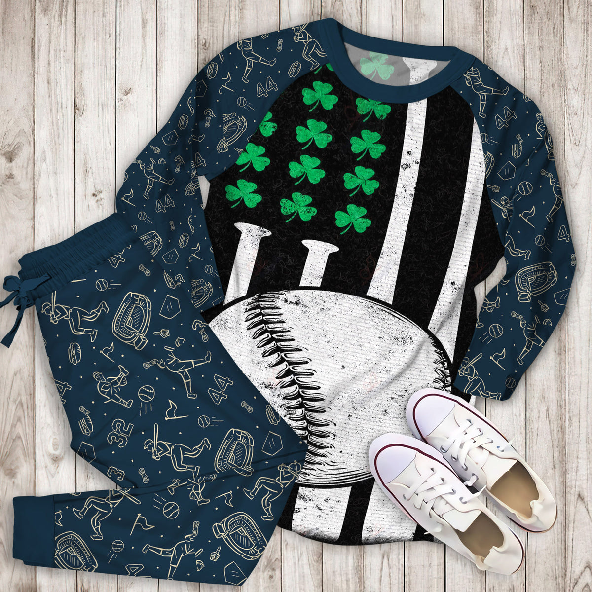 Baseball Patrick Flag Pajama Set | Pajamas | Cotton Sleepwear Sets | Soft Long Sleeve Pjs | Raglan Shirt and Pants Set