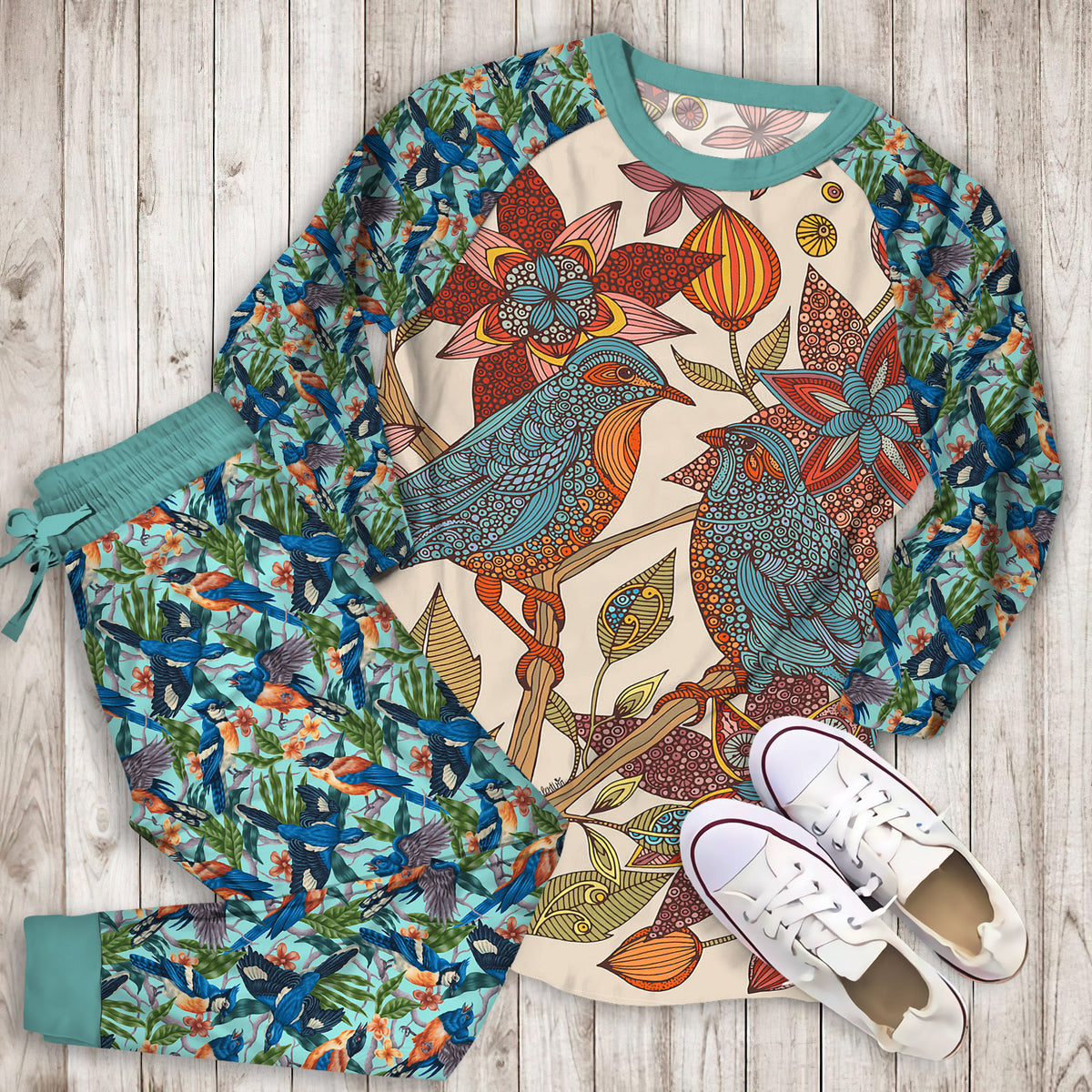 Love Birds Mandala Pajama Set |Sleepwear Pjs Sets | Raglan Shirt Pants Set