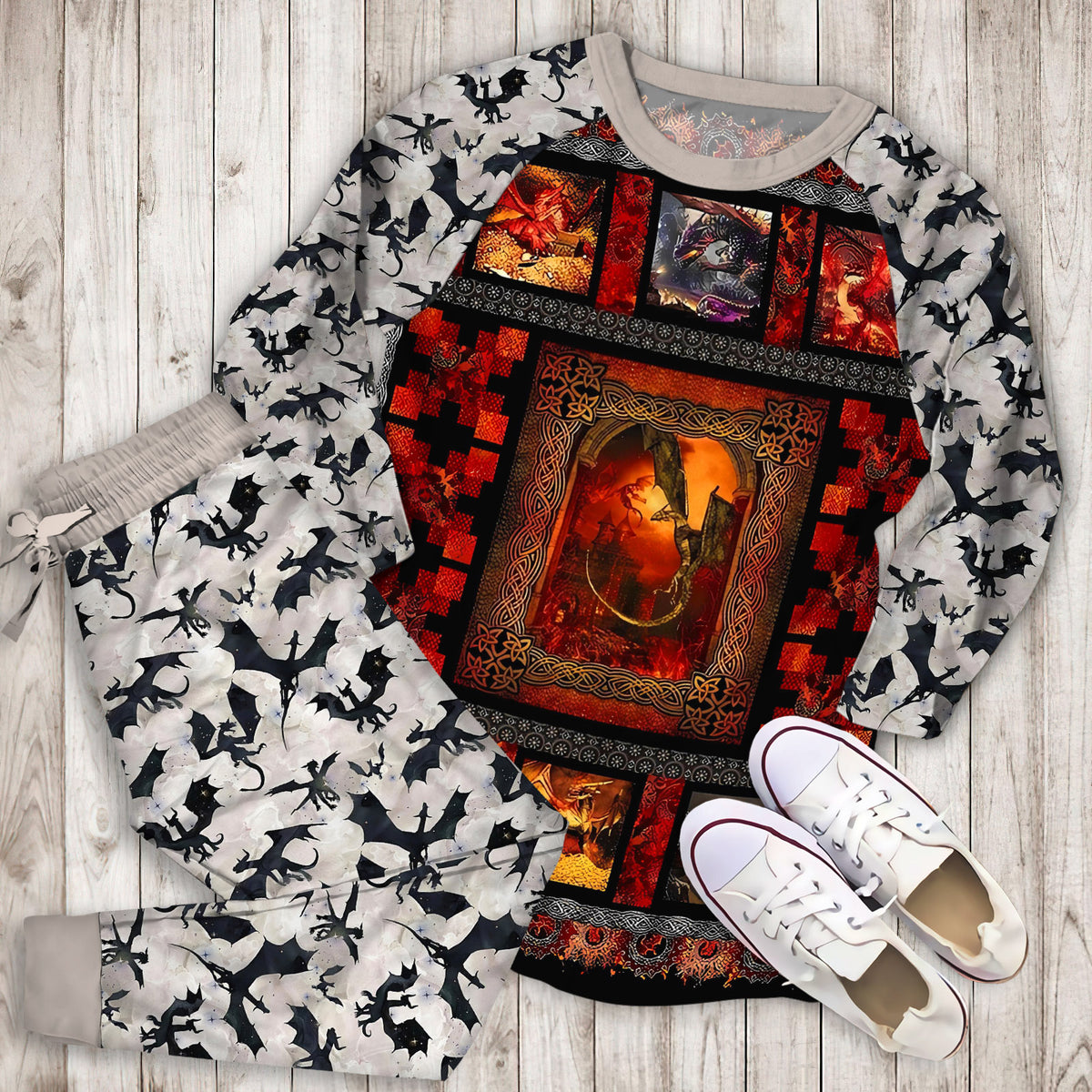 Dragons Pajama Set |Sleepwear Pjs Sets | Raglan Shirt Pants Set