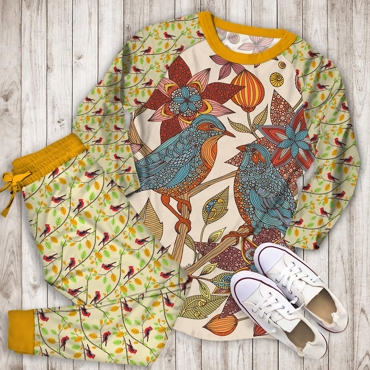 Love Birds Mandala Pajama Set |Sleepwear Pjs Sets | Raglan Shirt Pants Set